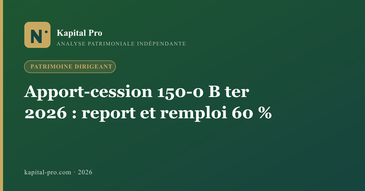 Apport-cession 150-0 B ter en 2026 : report d'imposition et remploi 60% en holding patrimoniale - Kapital Pro